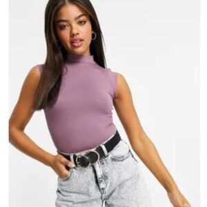 ASOS DESIGN bodysuit with turtleneck and capped sleeve in aubergine.
